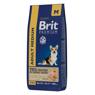сухой корм для взрослых собак средних пород "brit premium dog adult medium" (брит м) с курицей