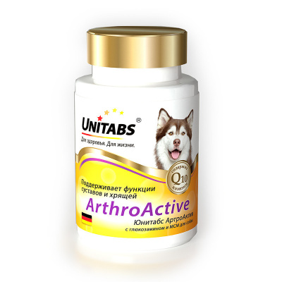 витамины для собак "unitabs arthroаctive с q10" (юнитабс) при болезнях суставов с глюкозамином и мсм, 100 таб