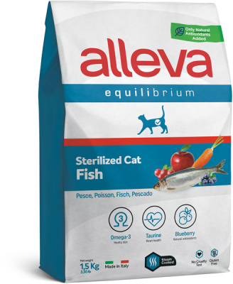 полнорационный сухой корм для стерилизованных и кастрированных кошек "alleva equilibrium sterilized fish"(аллева эквилибриум стерил фиш) с рыбой