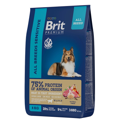 сухой корм для собак всех пород с чувствительным пищеварением "brit premium dog sensitive" с ягнёнком и индейкой