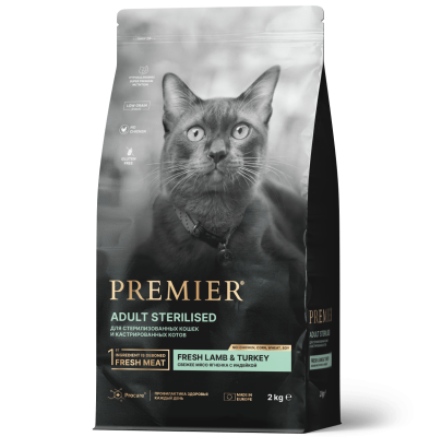 сухой низкозерновой корм для стерилизованных кошек "premier adult sterilised cat fresh lamb&turkey" (премьер) свежее мясо ягненка с индейкой