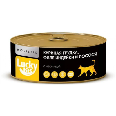 консервы для кошек и котят от 3х месяцев "lucky bits" (лаки битс) куриная грудка, филе индейки и лосося с черникой