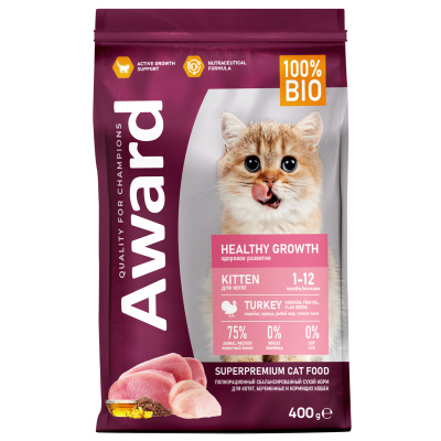 сухой корм для котят от 1 месяца, беременных и кормящих кошек "award healthy growth"  (авард) с индейкой и курицей с добавлением рыбьего жира и семян льна