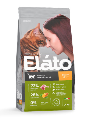 сухой корм для кошек для выведения шерсти "elato holistic adult сat chicken & duck / hairball control" (элато) с курицей и уткой