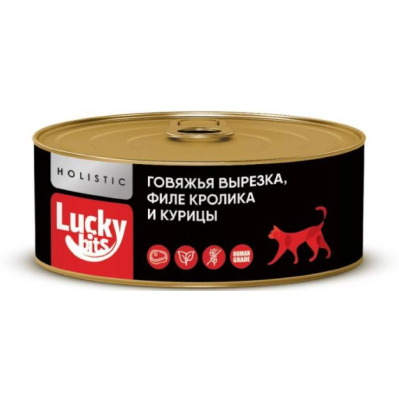 консервы для кошек и котят от 3х месяцев "lucky bits" (лаки битс)  говяжья вырезка с филе кролика и курицы