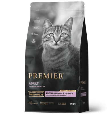 сухой низкозерновой корм для взрослых кошек "premier adult cat fresh salmon&turkey" (премьер) свежее филе лосося с индейкой