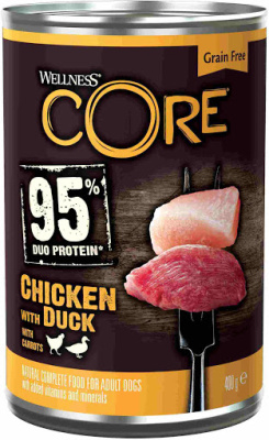 консервы для собак "wellness core" (веллнесс кор) из курицы с уткой и морковью 400 г