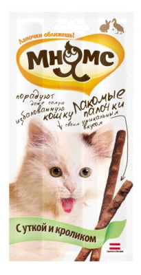 лакомство для кошек "мнямс" палочки с уткой и кроликом, 13,5 см