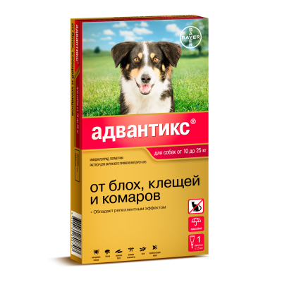 капли "адвантикс" от блох, клещей и комаров для собак весом от 10 до 25 кг  (1 пипетка)