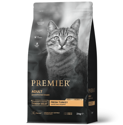 сухой низкозерновой корм для взрослых кошек "premier adult cat fresh turkey" (премьер) свежее мясо индейки