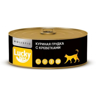 консервы для кошек и котят от 3х месяцев "lucky bits" (лаки битс) куриная грудка с креветками