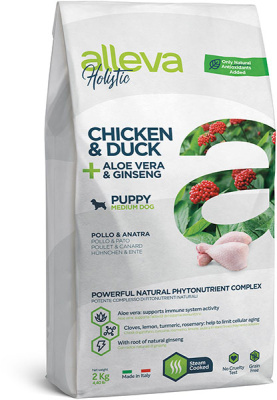 беззерновой сухой корм для щенков средних пород "alleva holistic chicken & duck + aloe vera & ginseng puppy medium"(аллева холистик паппи медиум) с курицей и уткой, алоэ вера и женьшенем