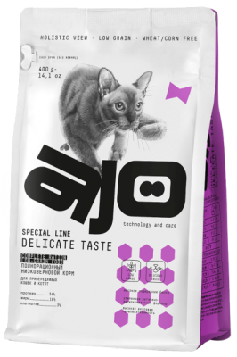 сухой полнорационный корм для привередливых кошек и котят "ajo cat holistic delicate taste" (айо) с индейкой, курицей и свининой