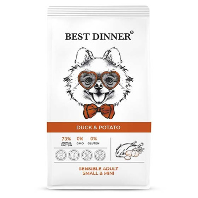 сухой корм для собак мелких пород с чувствительным пищеварением "best dinner adult sensible mini" (бест диннер) с уткой и картофелем