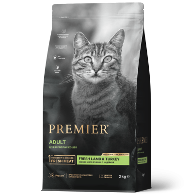 сухой низкозерновой корм для взрослых кошек "premier adult cat fresh lamb&turkey" (премьер) свежее мясо ягненка с индейкой