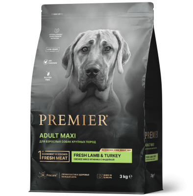 сухой низкозерновой корм для взрослых собак крупных пород "premier adult maxi fresh lamb&turkey" (премьер) свежий ягненок с индейкой