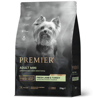 сухой низкозерновой корм для взрослых собак мелких пород "premier adult mini fresh lamb&turkey" (премьер) свежий ягненок с индейкой